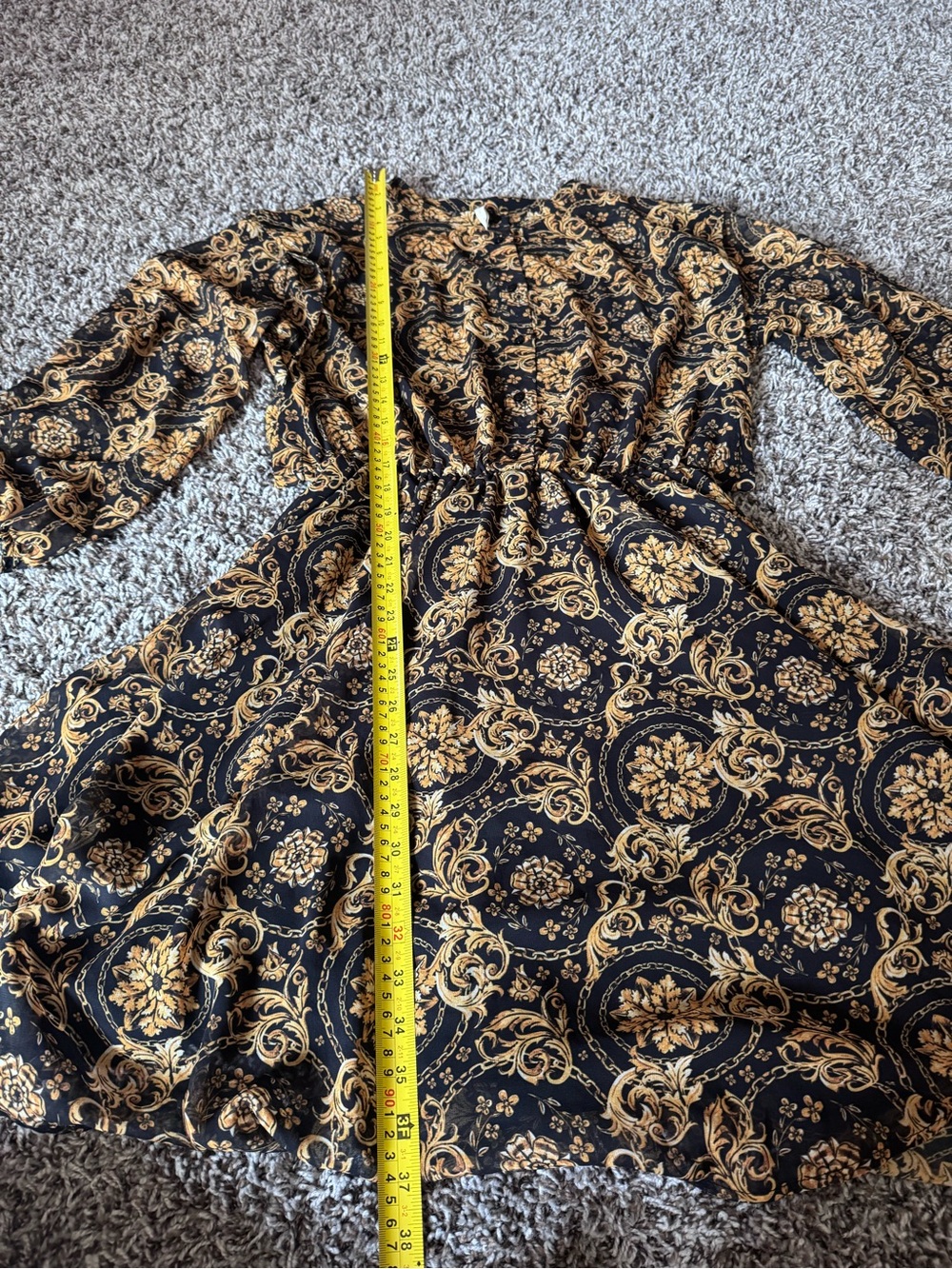 Imperial Scroll Print Tie Neck Dress Fit Flare Black Gold Semi Sheer M - Picture 9 of 11